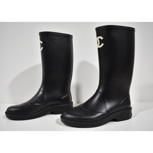 Chanel REV Black White Caoutchouc CC Logo High Pull On Rubber Rain Boots 35 - Picture 10 of 12